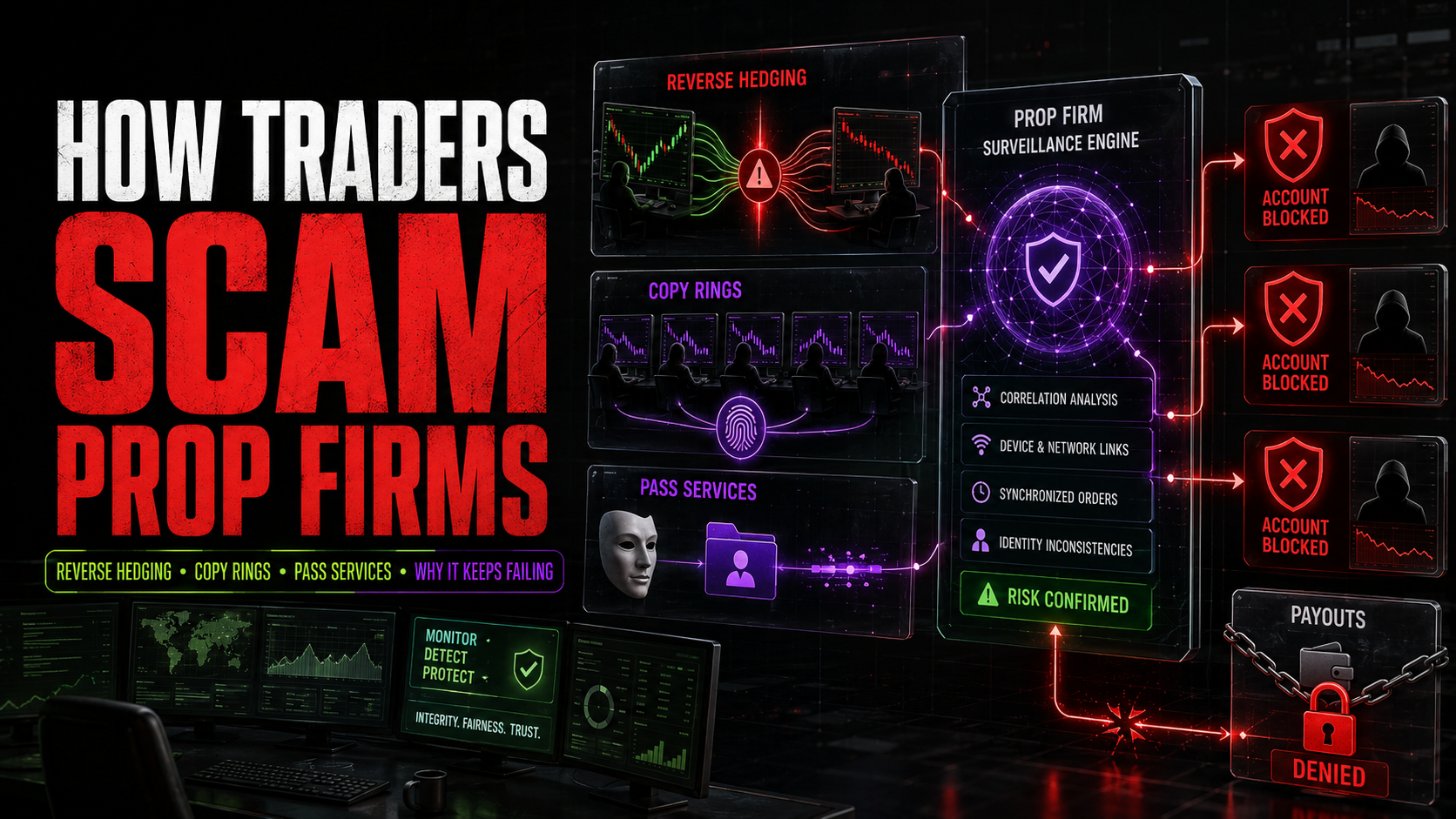 How Traders Scam Prop Firms: Reverse Hedging, Copy Rings, Pass Services, and Why It Keeps Failing